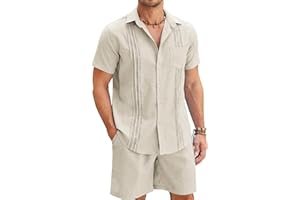 COOFANDY Men Linen Sets Outfits 2 Piece Short Sleeve Cuban Shirts Guayabera Linen Suit