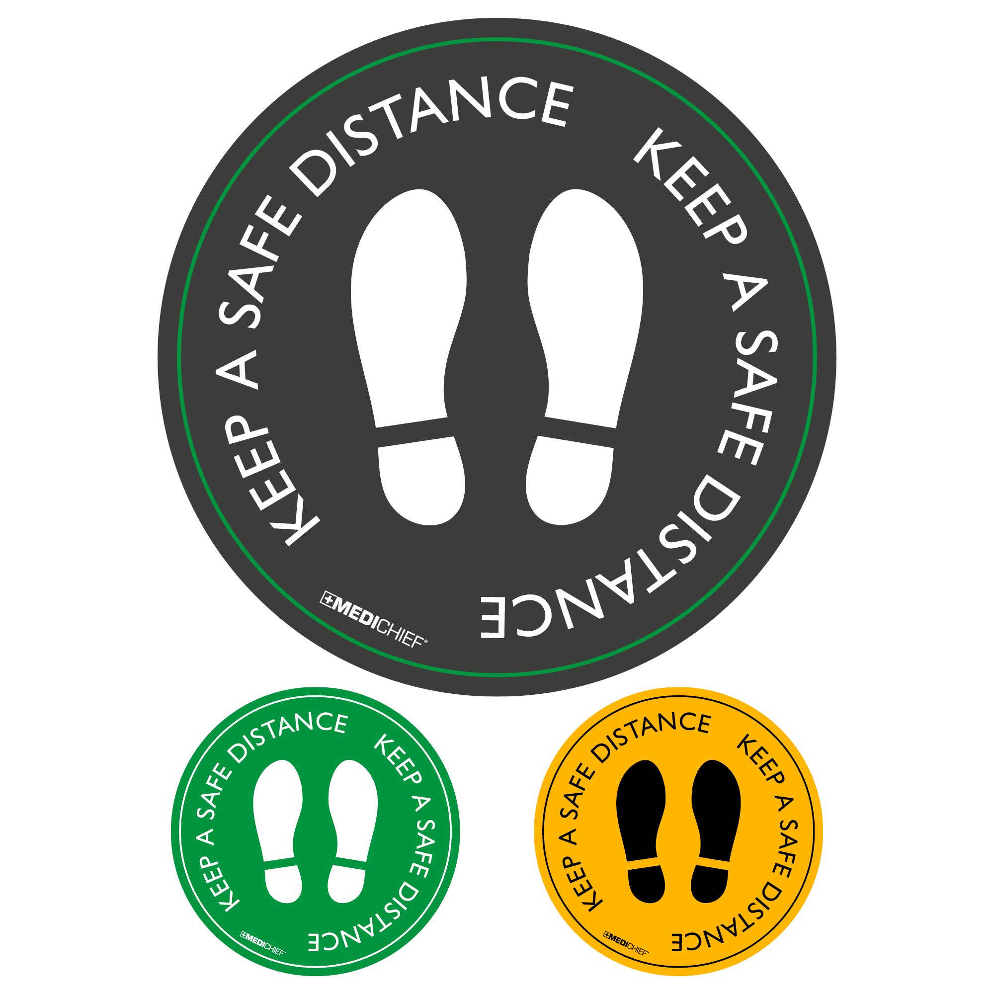 Medichief 'KEEP A SAFE DISTANCE' Self Adhesive Floor Stickers | Pack Of 5 Black Hazard Warning Stickers For Social Distancing | Durable Floor Warning Stickers With Anti Slip Certification