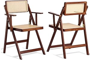 Furlide Rattan Folding Dining Chairs Set of 2, Modern Mid Century Dining Chairs with Arms, Outdoor Bamboo Chairs for Bedroom, Living Room, Reading Room, Walnut