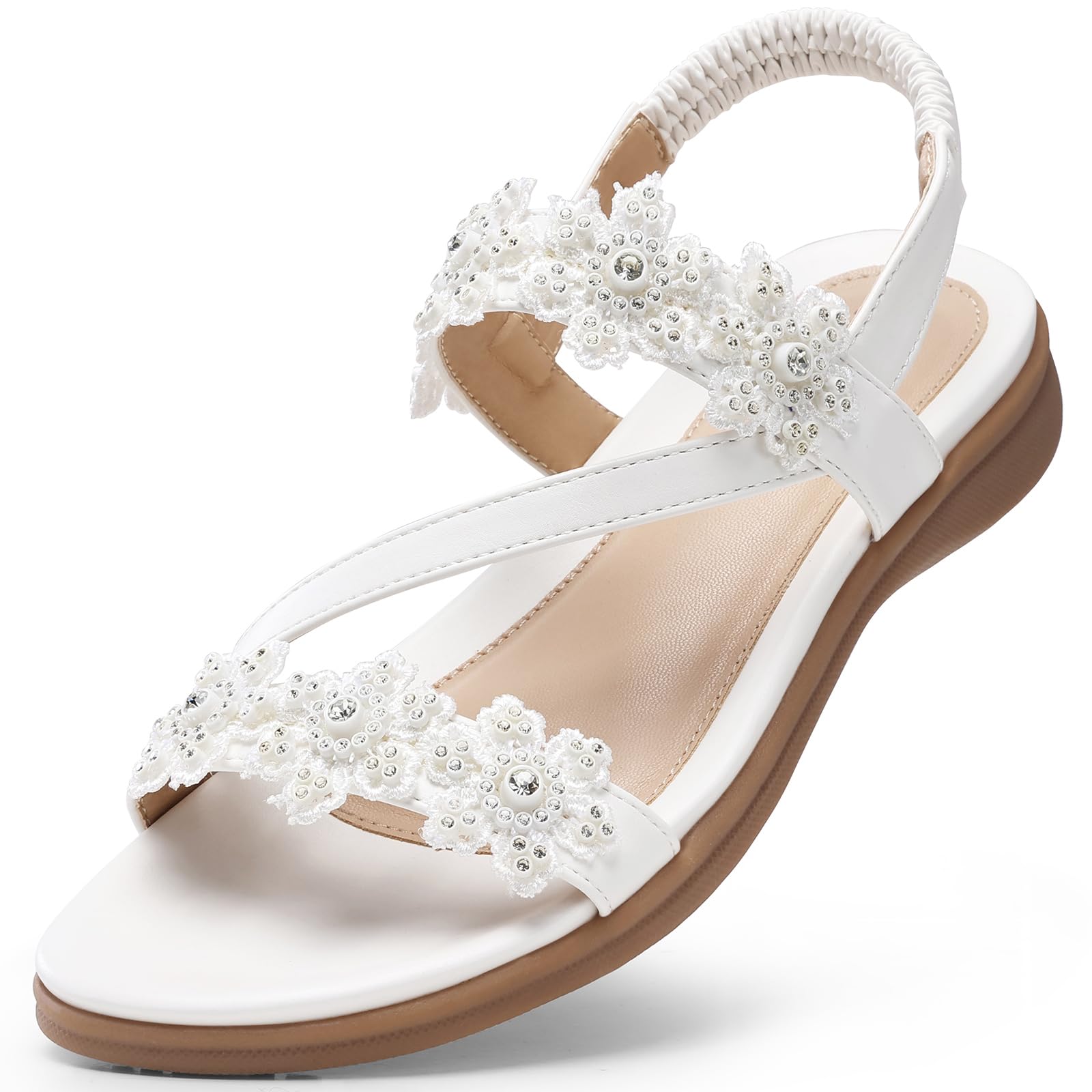 Photo 1 of TEMOFON Sandals for Women Flat Dressy Summer Open Toe Sandals Woman Comfortable Walking Casual Beach Shoes White Size 6