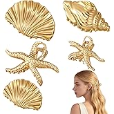 HairChrysm 5 Pack Gold Seashell Hair Clip Set, Metal Conch Starfish Shell Claw Clips Summer Beach Hair Clips Accessories for Women Girls Thick/Thin Hair, 2 Sizes