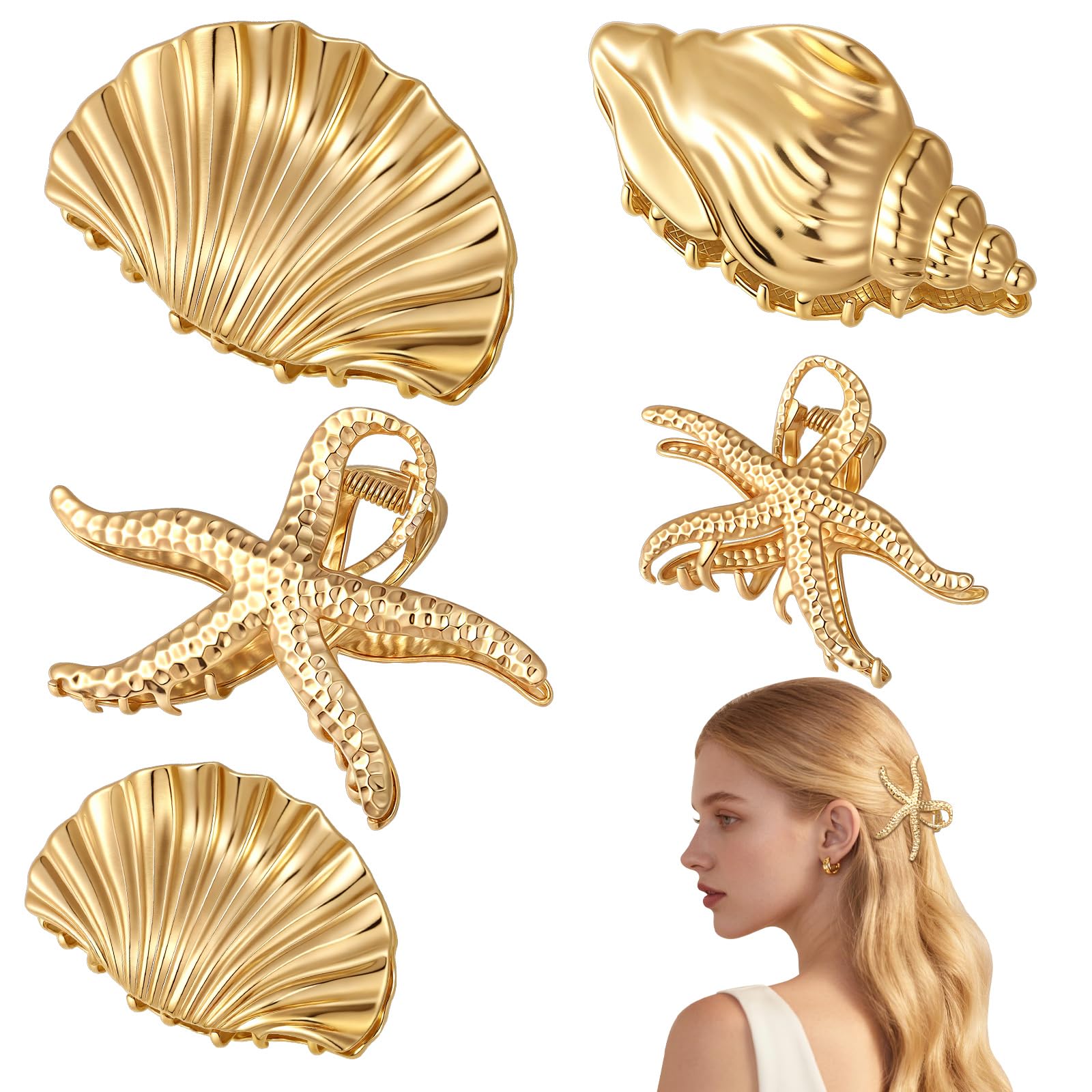 Photo 1 of HairChrysm 5 Pack Gold Seashell Hair Clip Set, Metal Conch Starfish Shell Claw Clips Summer Beach Hair Clips Accessories for Women Girls Thick/Thin Hair, 2 Sizes