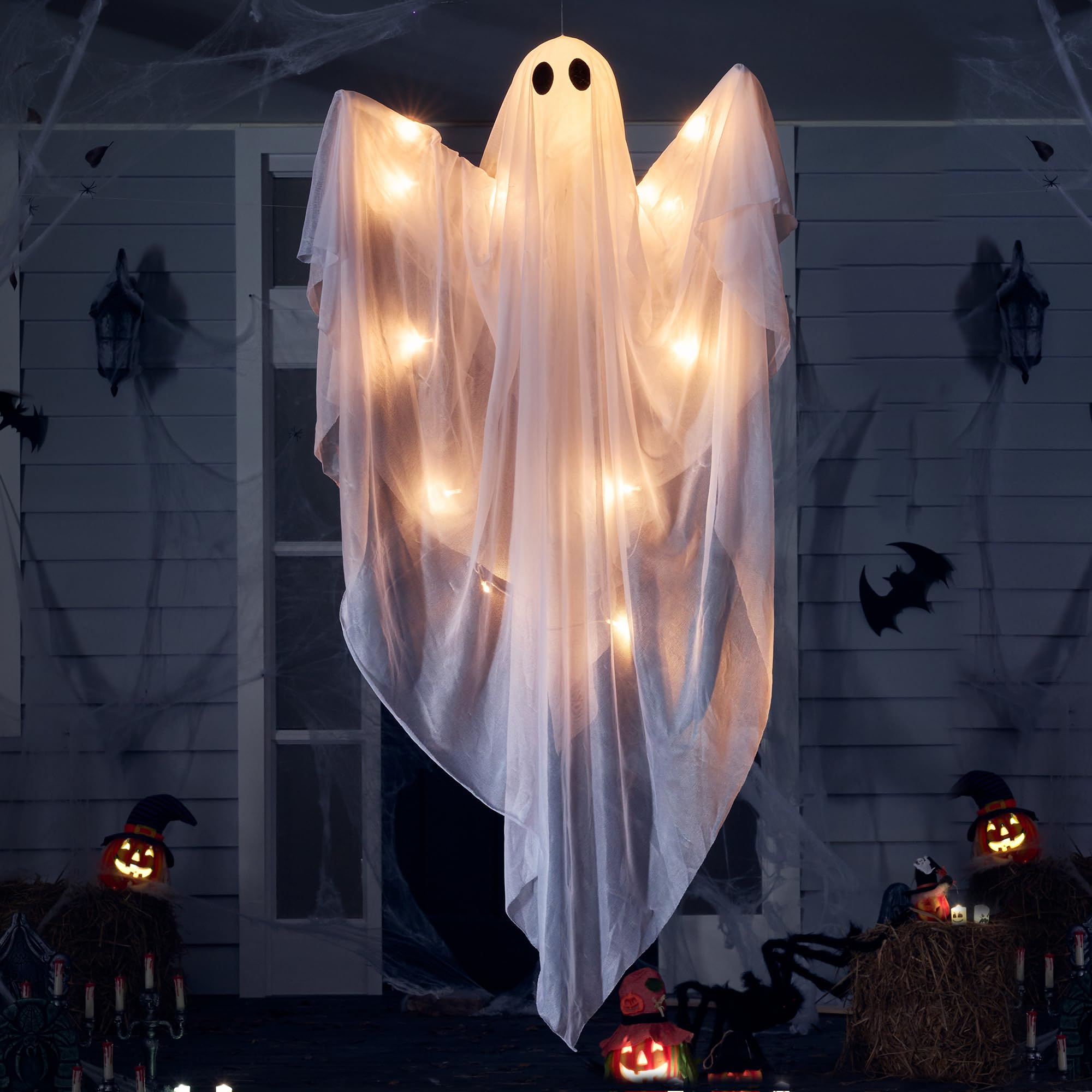 Photo 1 of JOYIN Halloween Hanging Light up Ghost with Spooky Warm White LED Light, 47” Halloween Hanging Decoration White Ghosts for Front Yard Patio Lawn Garden Party Decor Indoor Outdoor  