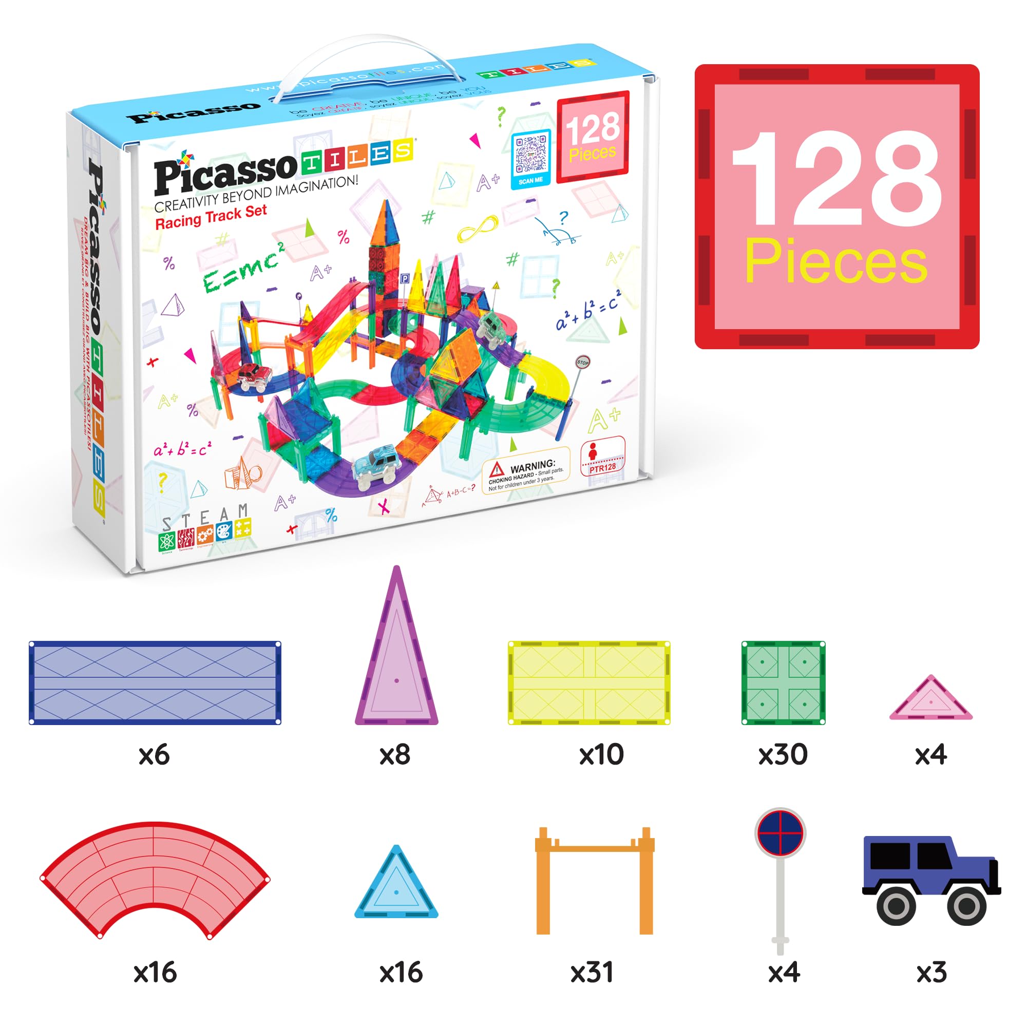 PicassoTiles 128pcs Magnetic Race Car Track Building Block Educational Toy Set Tiles Magnet Playset 3 LED Car STEM Learning Construction Kit Fine Motor Skill Training Brain Development for Kids Age3+