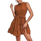 Umenlele Women's Ruched Trim Crewneck Sleeveless Tie Knot High Waist Ruffle Layered Short Dress