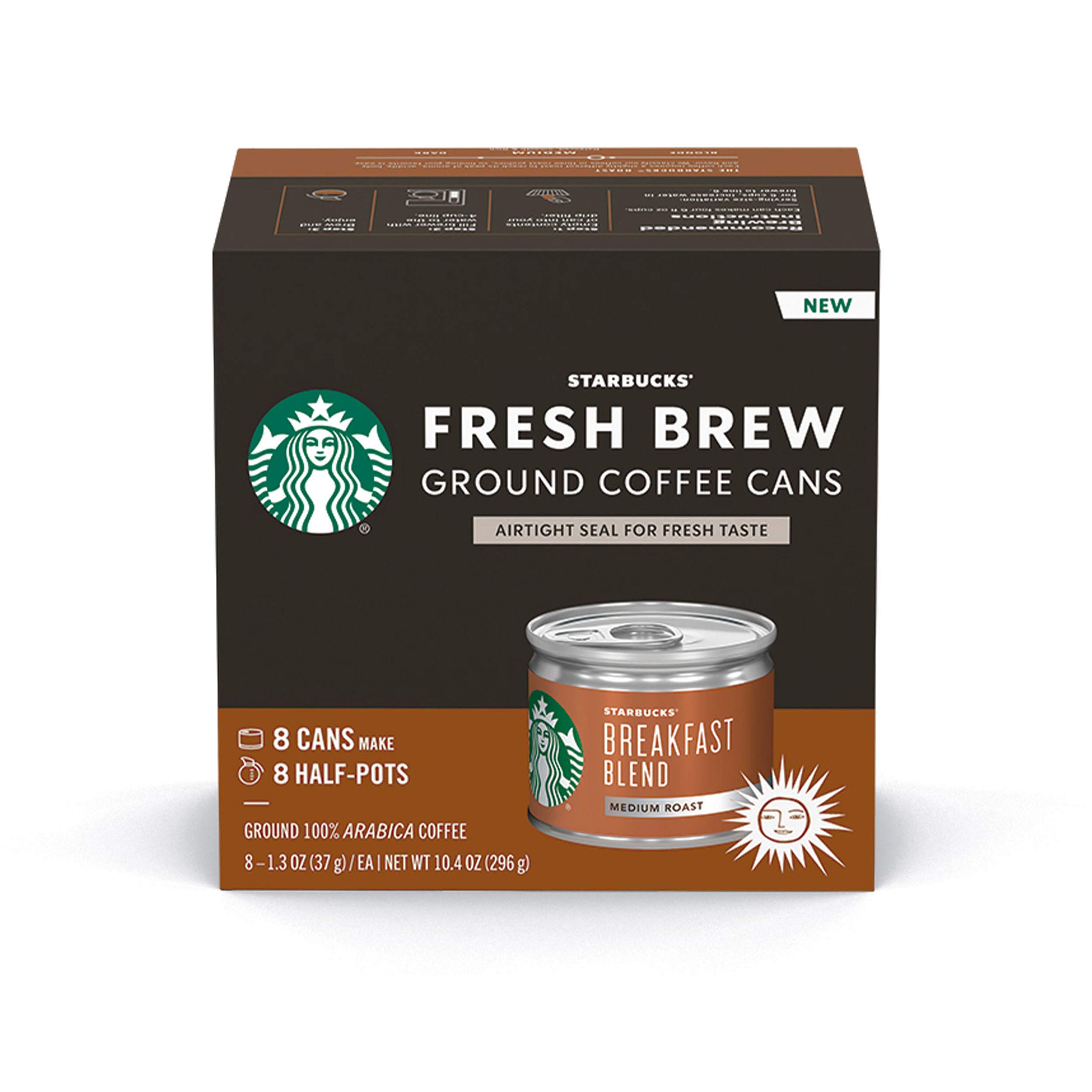 Starbucks Fresh Brew Ground Coffee Cans | Breakfast Blend Medium Roast | Pre-portioned Recyclable Can | 1 Box (8 Cans)
