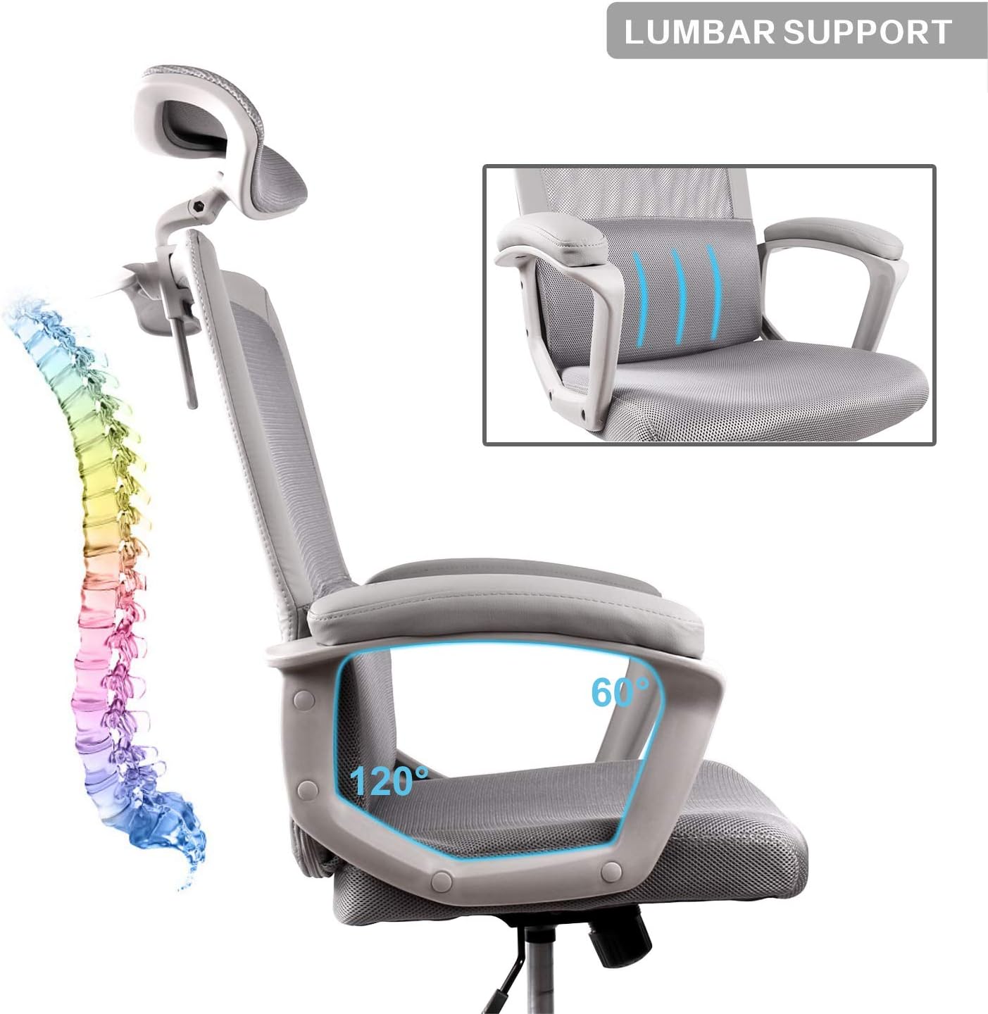 Smugdesk Office Chair, High Back Ergonomic Mesh Desk Office Chair with Padding Armrest and Adjustable Headrest -Gray: Home & Kitchen