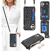 Cavor for iPhone 16 Case with Card Holder,for iPhone 16 Wallet Case for Women,Phone Case for iPhone 16 Case with Strap,Crossbody Lanyard and Wristlet Zipper Pocket -Leopard Black