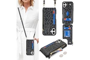 Cavor for iPhone 16 Case with Card Holder,for iPhone 16 Wallet Case for Women,Phone Case for iPhone 16 Case with Strap,Crossbody Lanyard and Wristlet Zipper Pocket -Leopard Black