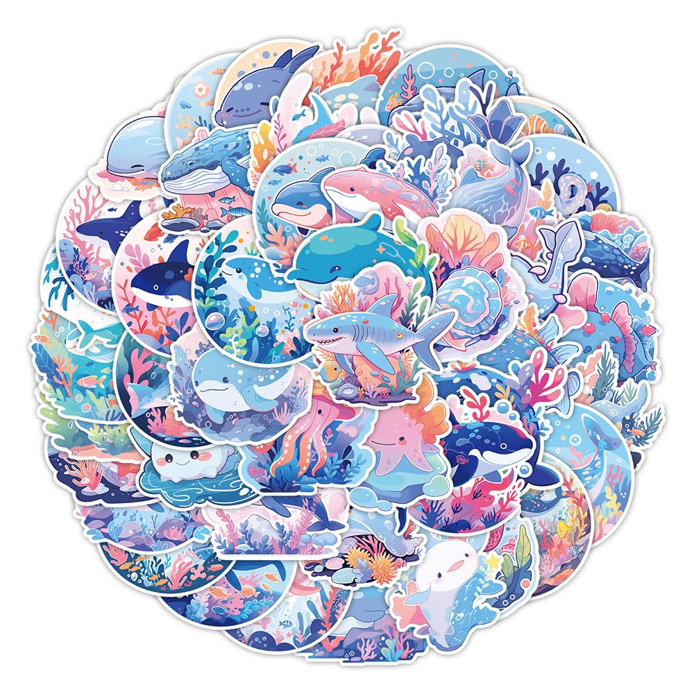 Lovely Ocean Animals Vinyl Stickers, 50 PCS Waterproof Cute Marine Life Decals for Laptops, Scrapbooking, Journals, Notebooks, Water Bottles, Suitcases, Phones & DIY Decor