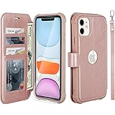 VANAVAGY Compatible for iPhone 11 Wallet Case for Women Men, PU Leather Flip Phone Cover with Wrist Strap for Wireless Charging with RFID Blocking Card Holder Screen Protector, Rosegold