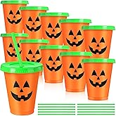 Skylety 10 Pcs Halloween Plastic Cups with Lids and Straws 16 oz Pumpkin Jack O Lantern Cups Plastic Tumbler Harvest Party Supplies Halloween Party Favors Supplies for Coffee Tea Cold Drinks
