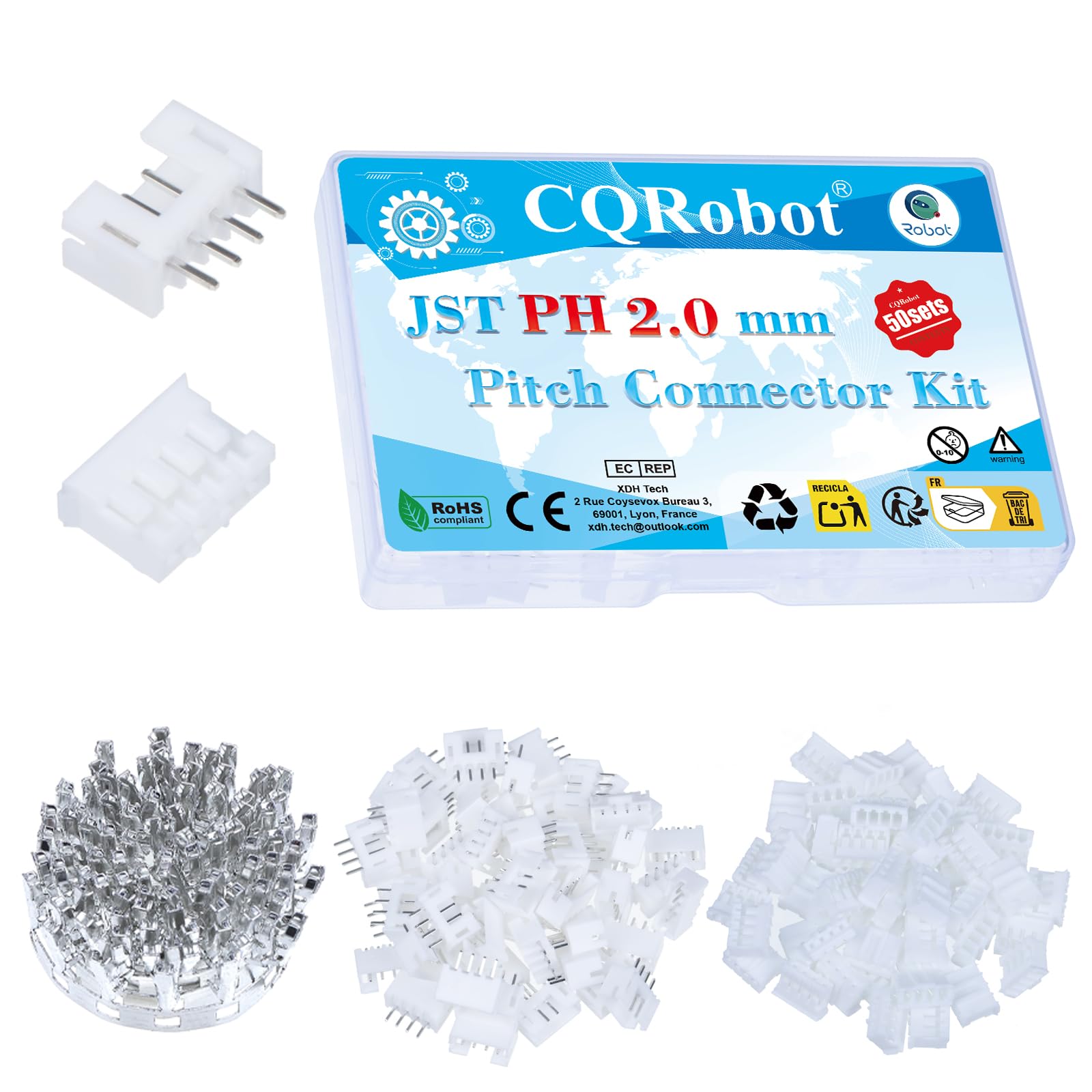 CQRobot JST PH 2.0 mm Pitch 4-Pin Electronic Computer Connector IC Male Plugs, Female Sockets Housing and T-Shaped Crimp Terminal Kit. 50 Sets/300 Pieces Wire-to-Board Adapter Cable Assembly.
