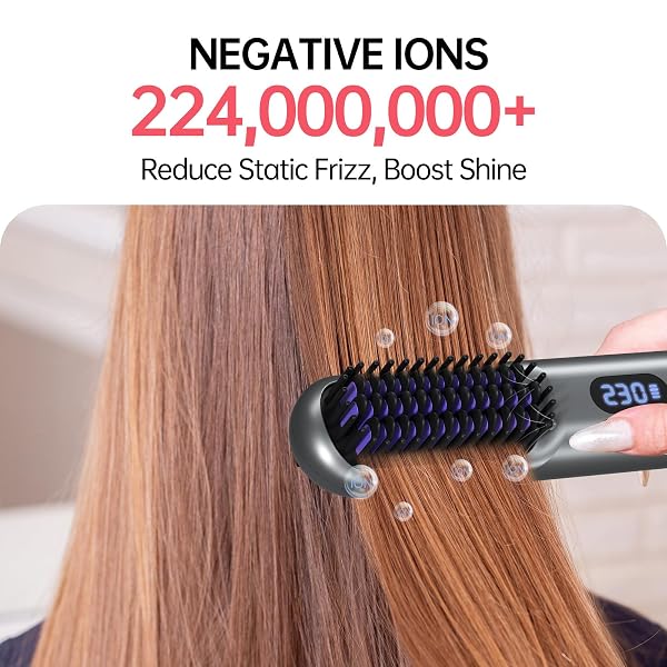 CORDLESS HAIR STRAIGHTENER BRUSH – PORTABLE STRAIGHTENER BRUSH WITH 9 TEMP SETTINGS, MINI STRAIGHTENING COMB FOR TRAVEL, 9600MAH RECHARGEABLE BATT & 224 MILLION NEGATIVE IONS (GREY)
