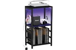 YAKANJ End Table with LED Light,Record Player Stand with Albums Storage,Vinyl Records Storage,Turntable Stand Side Table for Music Room Studio Living Room Bedroom-Modern Black