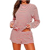 Usweetie Women 2 Piece Pajama Set Long Sleeve Striped Top and Shorts Lounge Sleepwear Pjs Set