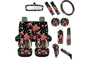 FUIBENG Set of 14 Cute Mushrooms Frog Car Seat Covers Full Set Forest Mushroom Car Seat Covers+Mushroom Steering Wheel+ Coasters+Keychain Mirror Cover+Auto Interior Accessory Protector