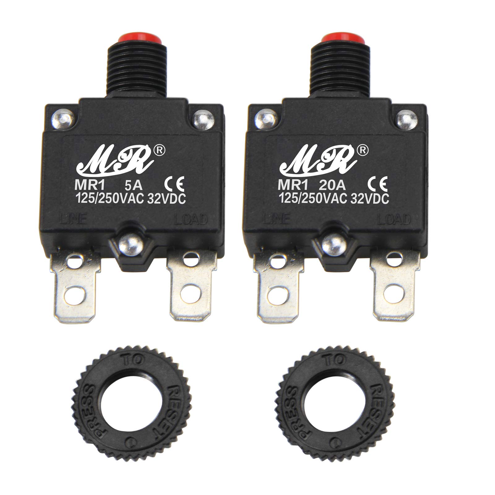 RKURCK 5 Amps Thermal Circuit Breakers 125/250V AC 32V DC Push Button Manual Reset Overload Protector Switch 5A 2 Pcs
