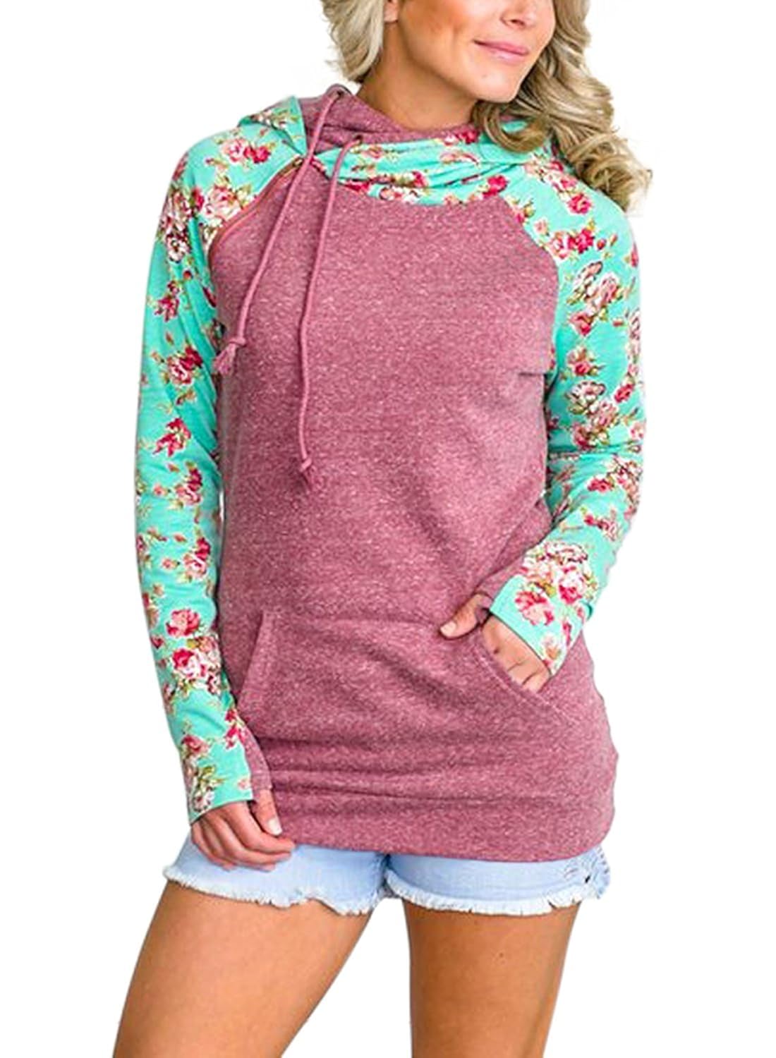 On Sale 70 Off Lihuang Women S Double Hooded Sweatshirt Floral Printed Long Sleeve Pockets Colorblock Pullover Hoodie At Women S Clothing Store Up To 60 Discount Maaun Net