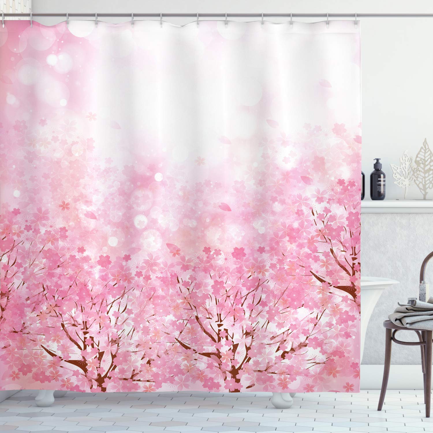 ABAKUHAUS Baby Pink Shower Curtain, Japanese Cherry Blossom Sakura Tree with Romantic Influence Nature Theme, Cloth Fabric Bathroom Decor Set with Hooks, 86" Inches, Baby Pink