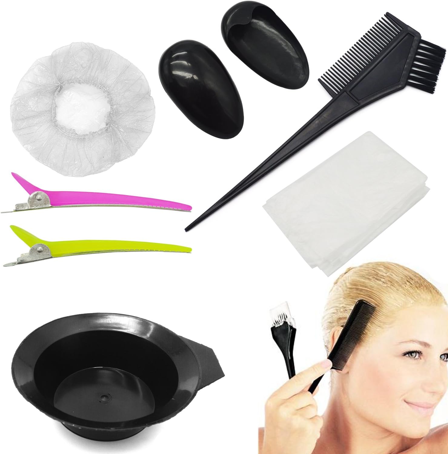 7 PCS Beauty Hair Dye Set - velaali Dye Brush Comb, Dye Bowl, Clip, Ear Protectors, Disposable Shower Cap, Disposable Gloves & Disposable Shawl