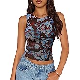 ZESICA Women's 2026 Summer Sleeveless Floral Tank Tops Mesh Y2K Crop Going Out Outfits Beach Vacation Trendy Clothes