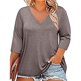 ZDC Womens Plus Size Tops 3/4 Sleeve V Neck T Shirts Casual Loose Fit Tee Tunic Blouse