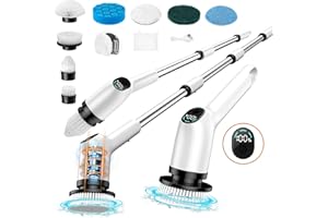 Electric Spin Scrubber, FRIWOLE Upgrade LED Display 3 Speeds Cordless Cleaning Brush with 8 Replaceable Brush Heads, with Adjustable & Detachable Handle Up to 450 RPM, for Bathtub Tile Floor