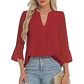 AIMCOO Blouses for Women Dressy Casual 3/4 Sleeve Tops for Women Swiss Dot Double Layered Chiffon Work Tunic Shirts