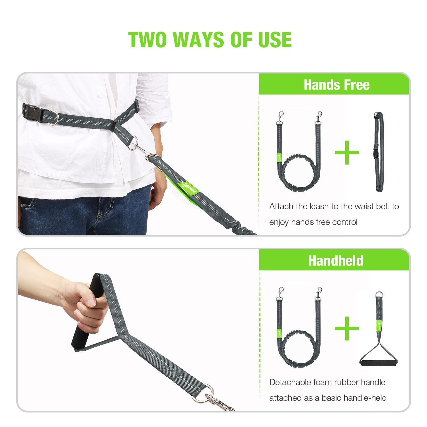 Pecute Hands Free Dog Leash with Extra Foam Handle - Extendable Bungee with Reflective Stitching - Waist Belt Adjustable Fits up to 48” Waist - For Jogging, Running, Hiking (Grey and Green)
