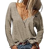Danedvi Womens Tops Deep V Neck Long Sleeve Shirts Oversized Solid Color Casual Loose Top