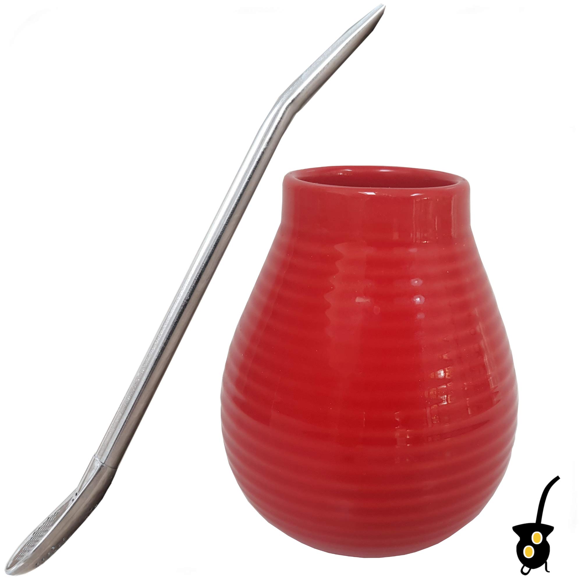 Gaucho Bruno Yerba Mate Ceramic Cup with Stainless Steel Bombilla Drinking Straw - Reusable, Slip-Proof Gripping and Easy Cleaning - for Home and Travel Use - 400ml - Red