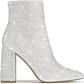 PAZZLE Women's Rhinestone Block Heel Mid Calf Ankle Booties Short Knee High Boots Runway-01