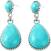 Vintage Turquoise Teardrop Dangle Earrings, Silver-Tone Crown Setting, Double Stone Design