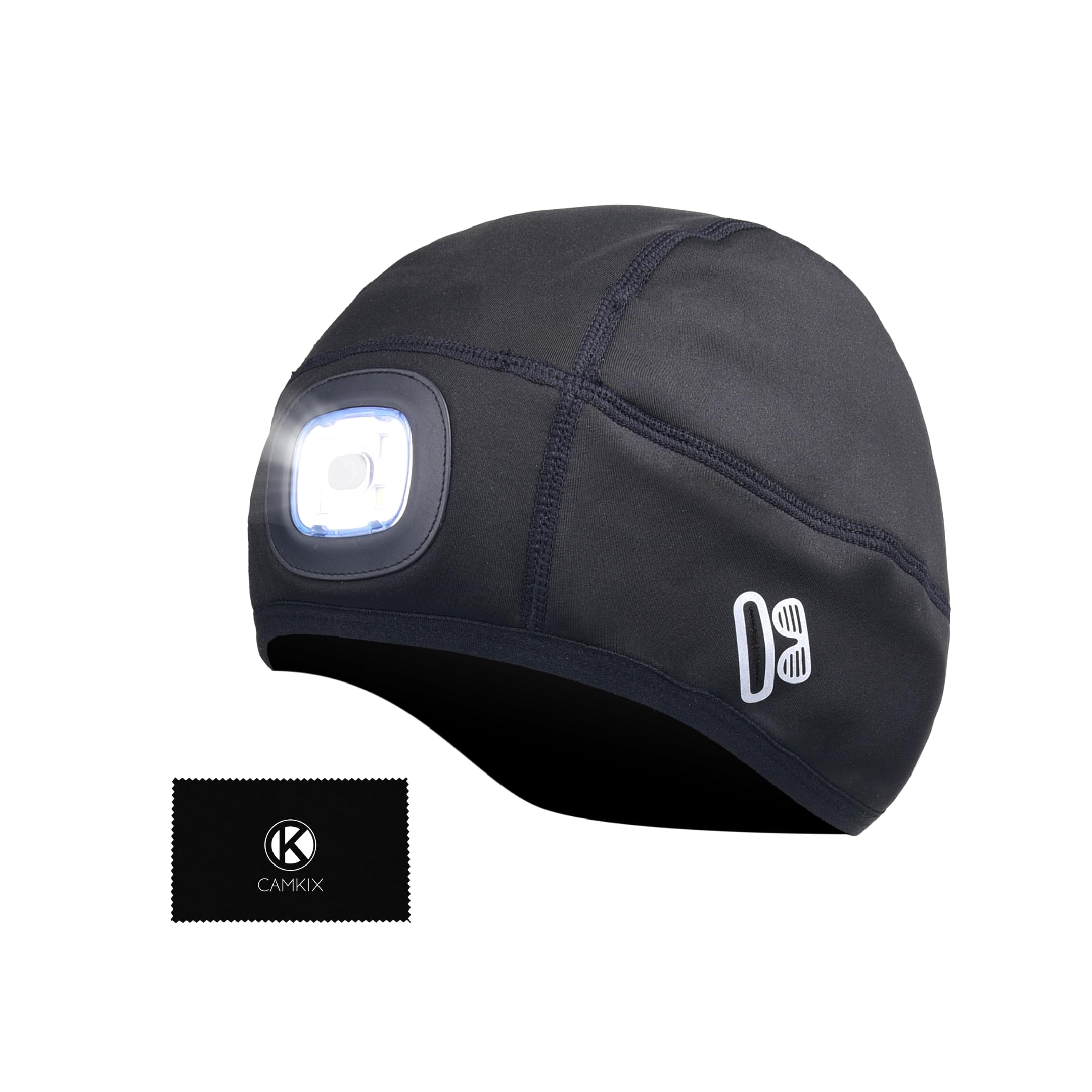 Skull Cap with Rechargeable LED Light - Water Resistant Helmet Liner for Outdoor Activities - Fully Adjustable to Fit Most Helmets - Hands-Free LED - Cold, Rain, Snow Black