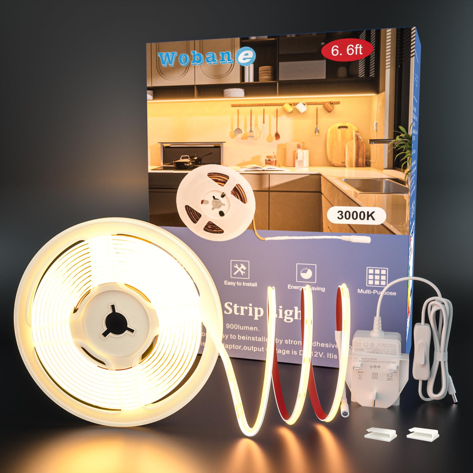 WOBANE 2m COB LED Strip Light,Super Bright 12V Under Cupboard Kitchen Lights,640LEDs,CRI90+,Warm White Under Cabinet Lighting for Kitchen,Counter,Bedroom,Desk,Shelf,Sink,TV,Monitor Backlight,900lumen — image 1