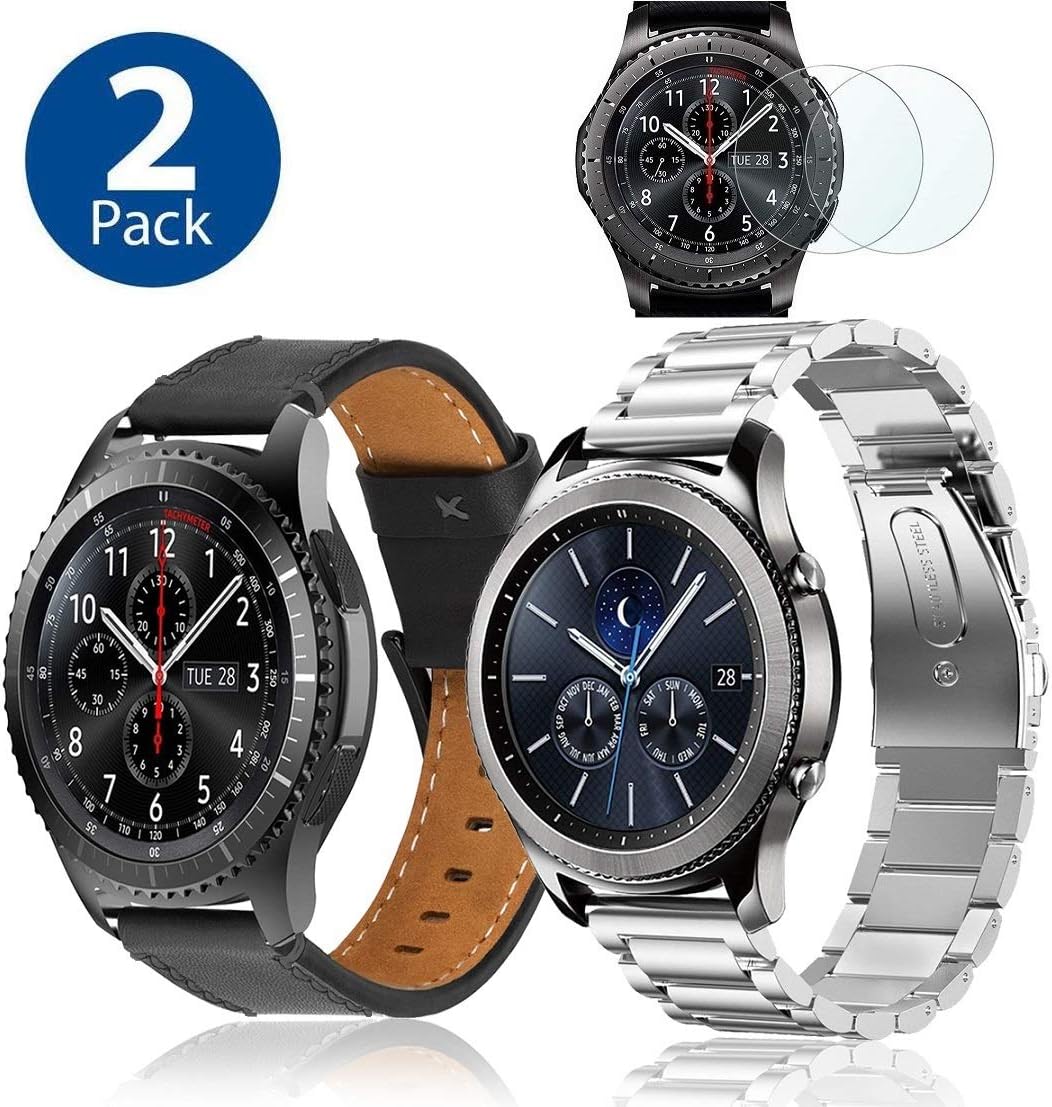(2 Pack)R.B Compatible with Gear S3 Frontier Bands/Galaxy Watch 46mm Band 22mm Leather & Stainless Steel Strap Business Bracelet for Samsung Gear S3 Frontier/Classic/Galaxy Watch 46mm, 2x Screen P