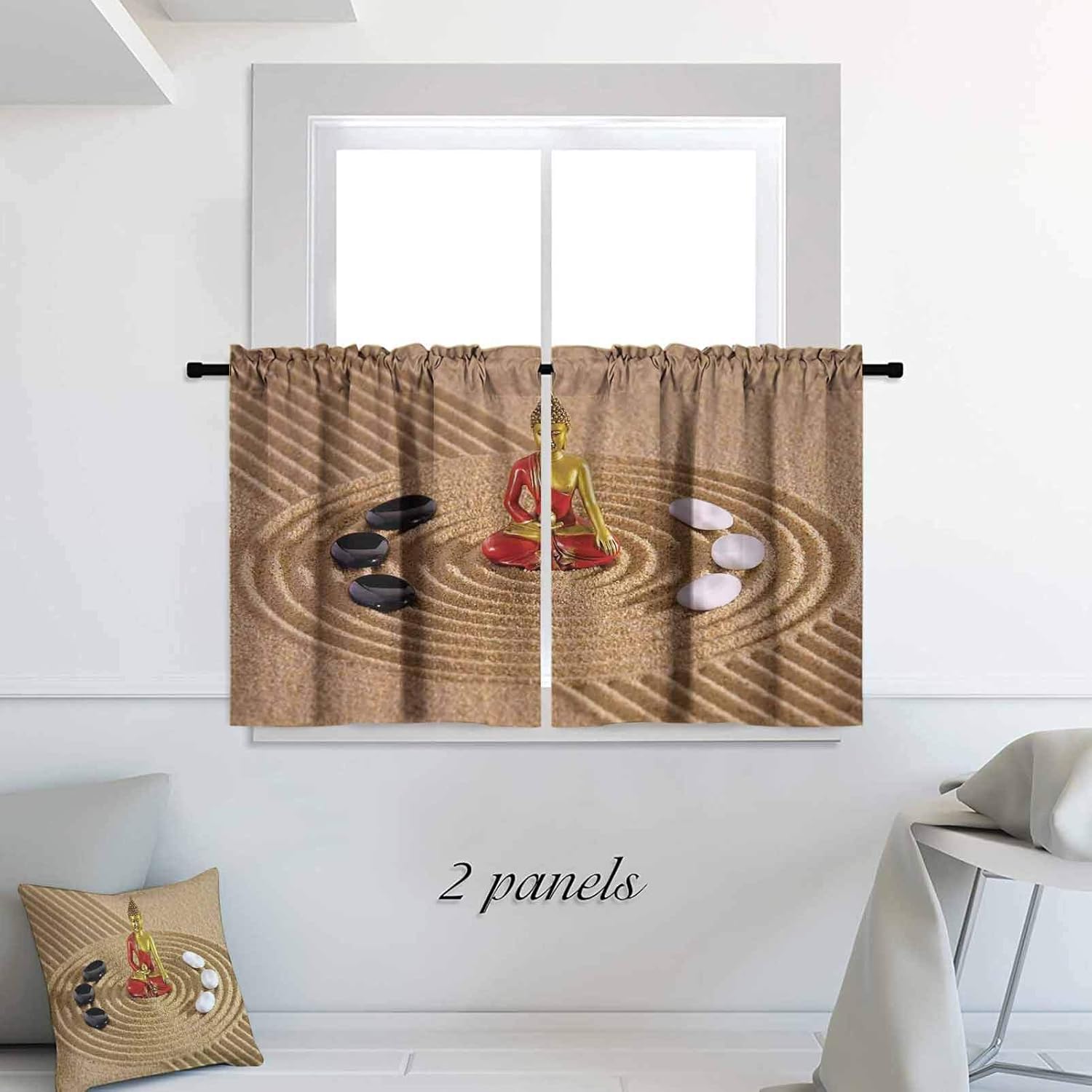 Short Curtain Zen Garden Calm Spiritual Figure Circuled Rocks Style Wall Modern Sculpture Art 30 x 45 inch Rod Pocket Curtain Panels for Kitchen Red Golden