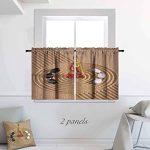 Short Curtain Zen Garden Calm Spiritual Figure Circuled Rocks Style Wall Modern Sculpture Art 30 x 45 inch Rod Pocket Curtain Panels for Kitchen Red Golden