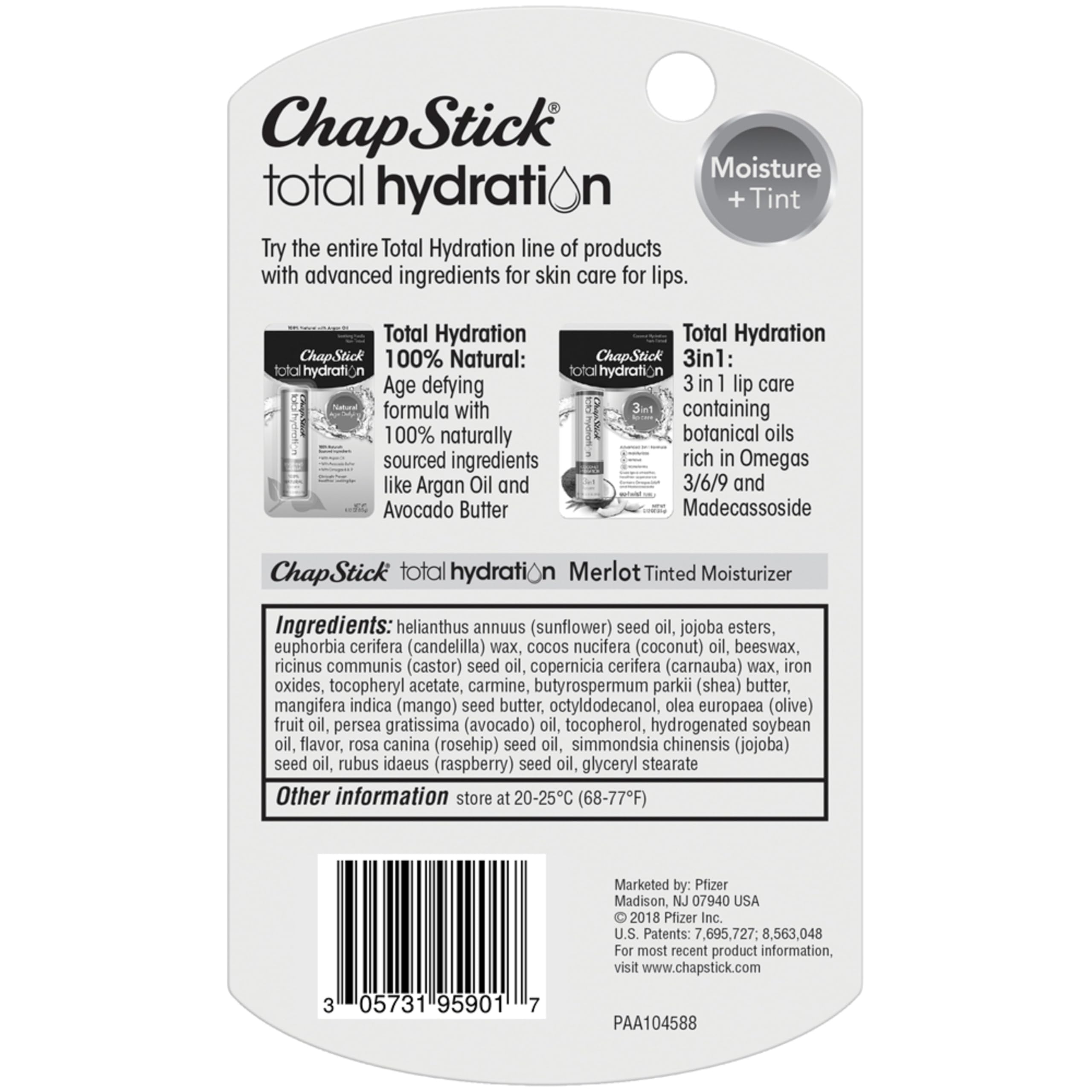 ChapStick Total Hydration (Merlot Tint, 1 Blister Pack of 1 Stick) Tinted Moisturizer, 100% Natural Lip Color and Lip Treatment, 0.12 Ounce