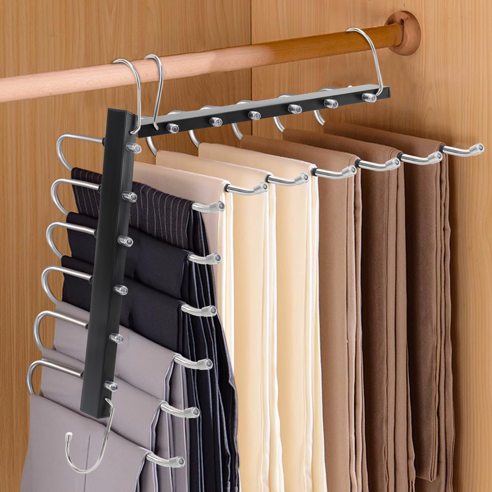 TAOPE Trouser Hangers Space Saving, 2 Pack Stainless Steel Hangers Pants Organizer, Non-Slip Closet Storage Organizer, 6 in 1 Scarf Holder for Skirts Jeans Scarves Belts Towels Ties Leggings - Black