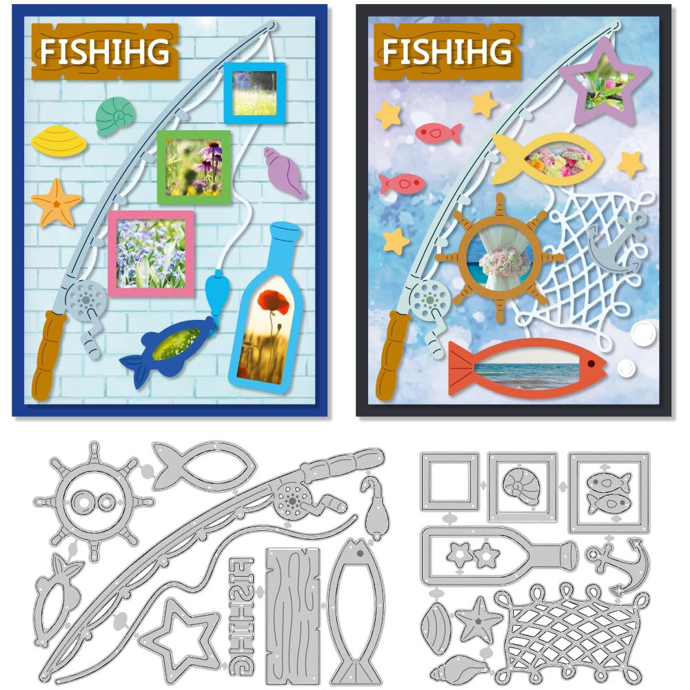 DELORIGIN Fishing Photo Frame Dies Cuts Carbon Steel Cutting Dies Card Making Stencils Template for DIY Embossing Scrapbooking Craft Paper Greeting Card Festival Gift Album Paper Decor