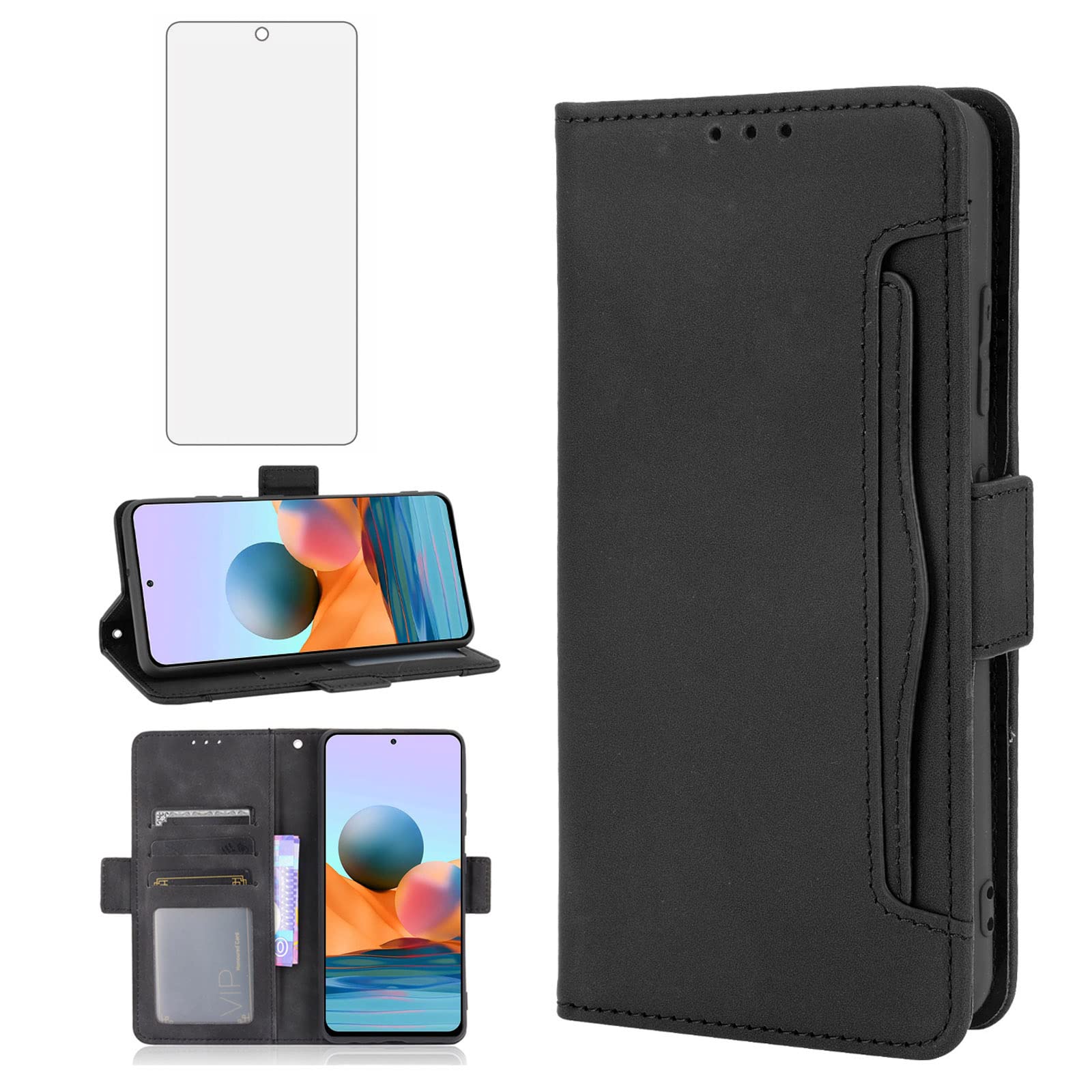 Asuwish Compatible with Xiaomi Redmi Note 10 Pro Wallet Case and Tempered Glass Screen Protector Card Holder Credit ID Slot Cell Accessories Phone Cover for Redme Note10 10Pro Max Women Men Black