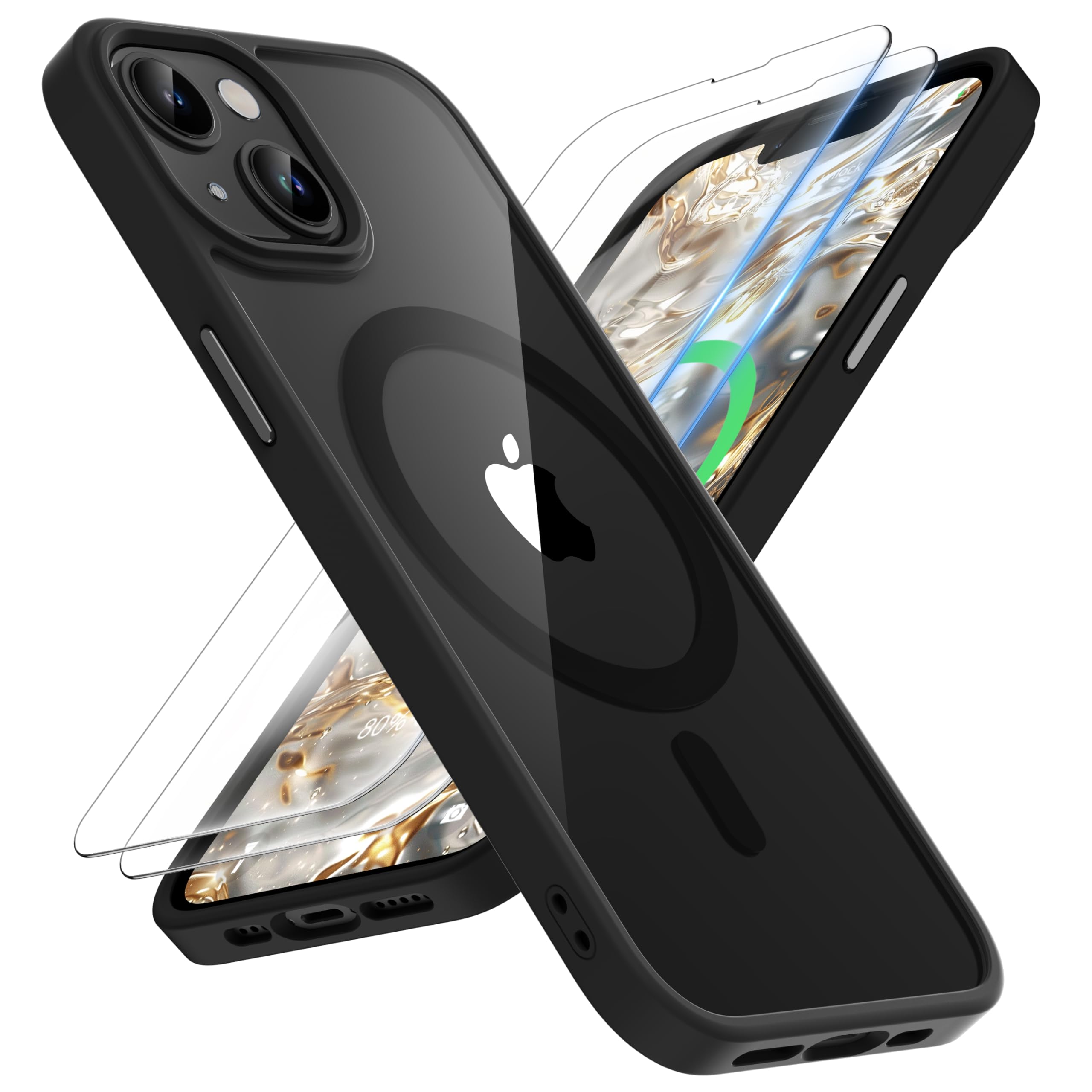 ORETECH Designed for iPhone 13 Case, iPhone 14 Clear Case Magnetic Compatible with Magsafe and 2 x Screen Protector Anti Yellowing Ultra Slim Thin Shockproof Clear Back Phone Case Cover 6.1'' - Black — image 1