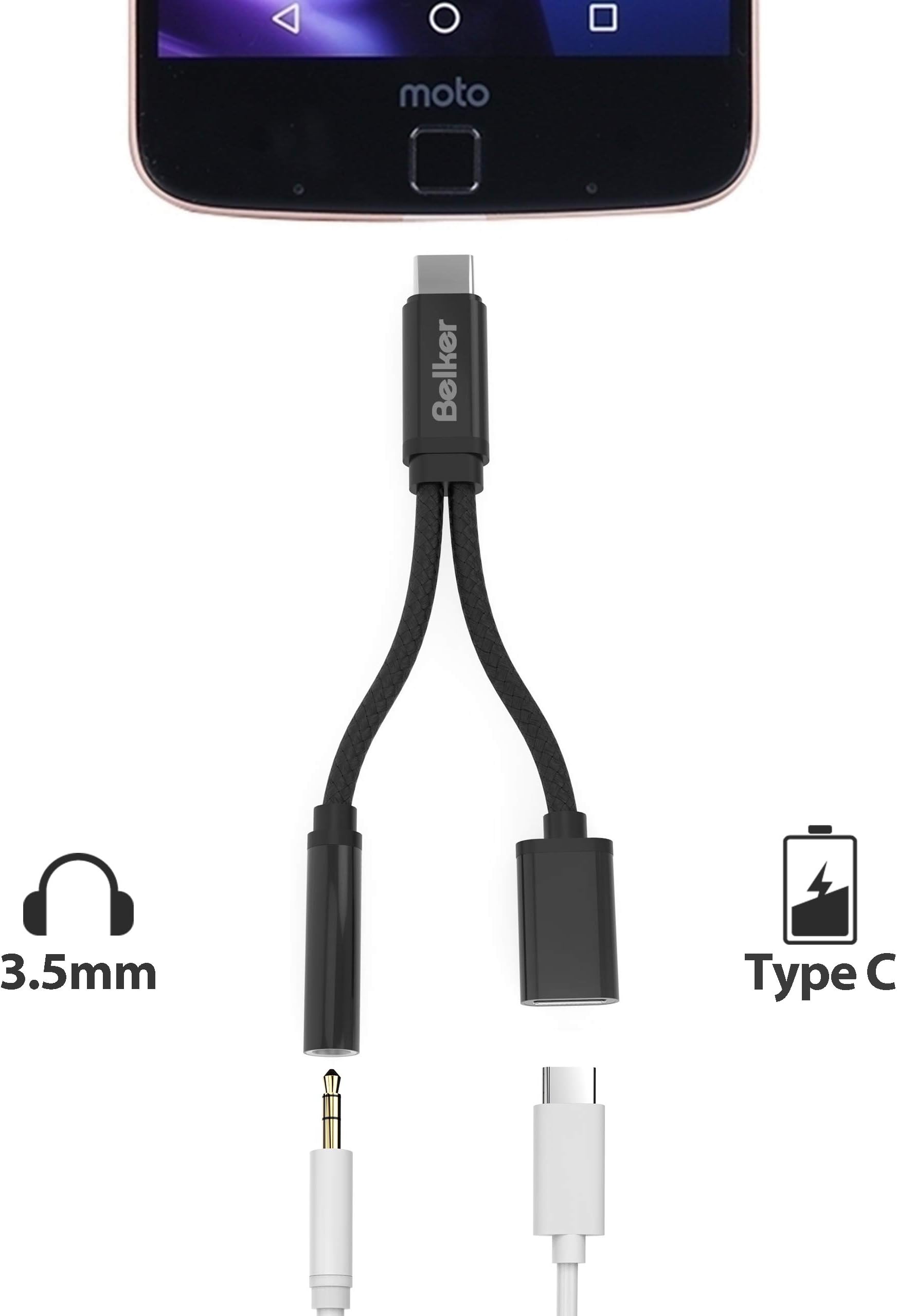 USB C to 3.5mm Headphone Jack Adapter, Belkertech Nylon Braided 2 in 1 Type C to 3.5mm Audio Charge Cable Compatible with MotoZ, Huawei Mate 10 Pro Xiaomi 6 Nubia Z17/ Black