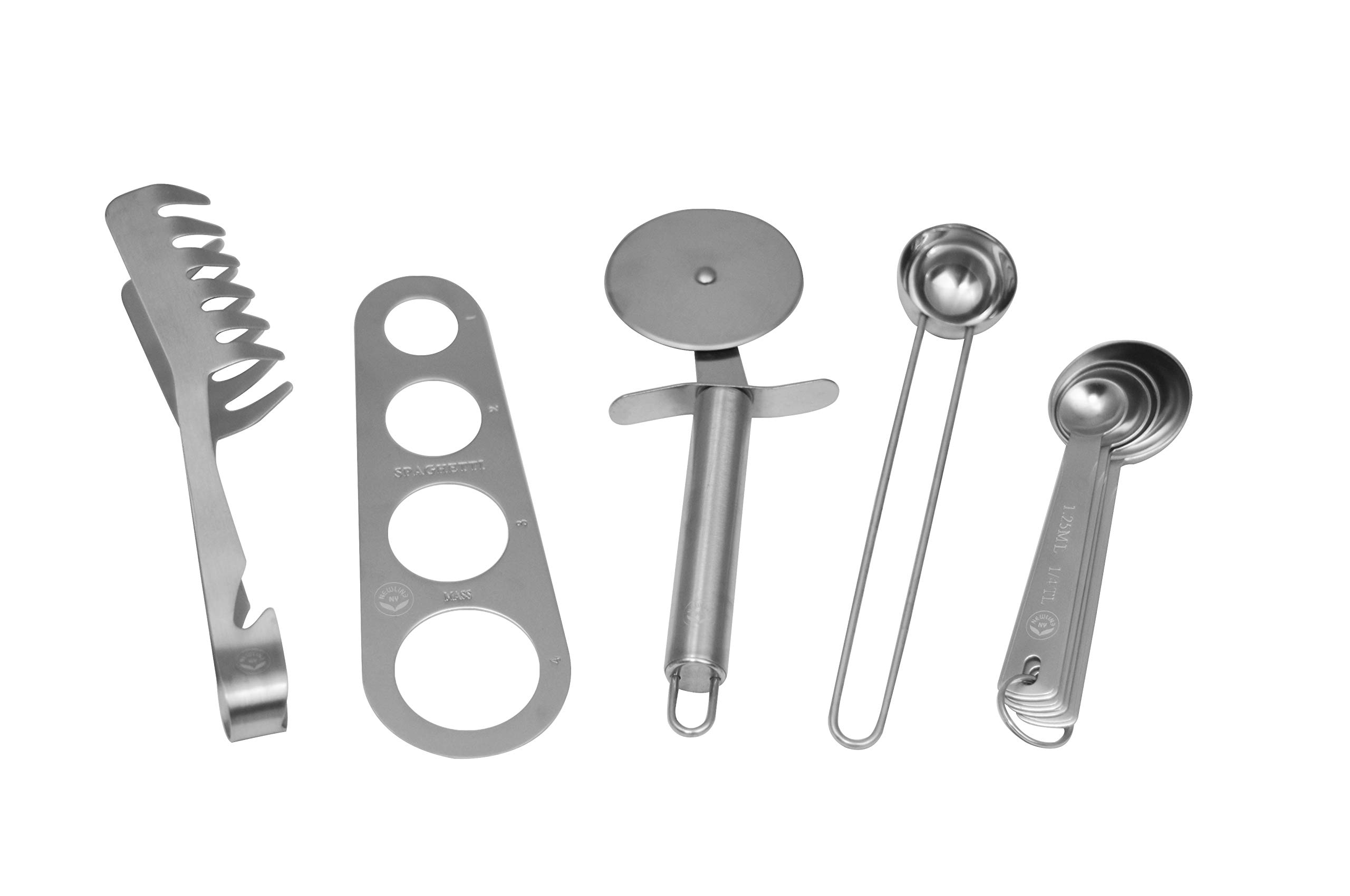 NEWLINE NY Stainless Steel 5 Pcs Pasta Tool Set: 1 Pasta Noodle Multipurpose Tong, 1 Spaghetti Measure Tool, 1 Pizza Roller Cutter, 1 Coffe Spoon, 1 Set Measuring Spoons