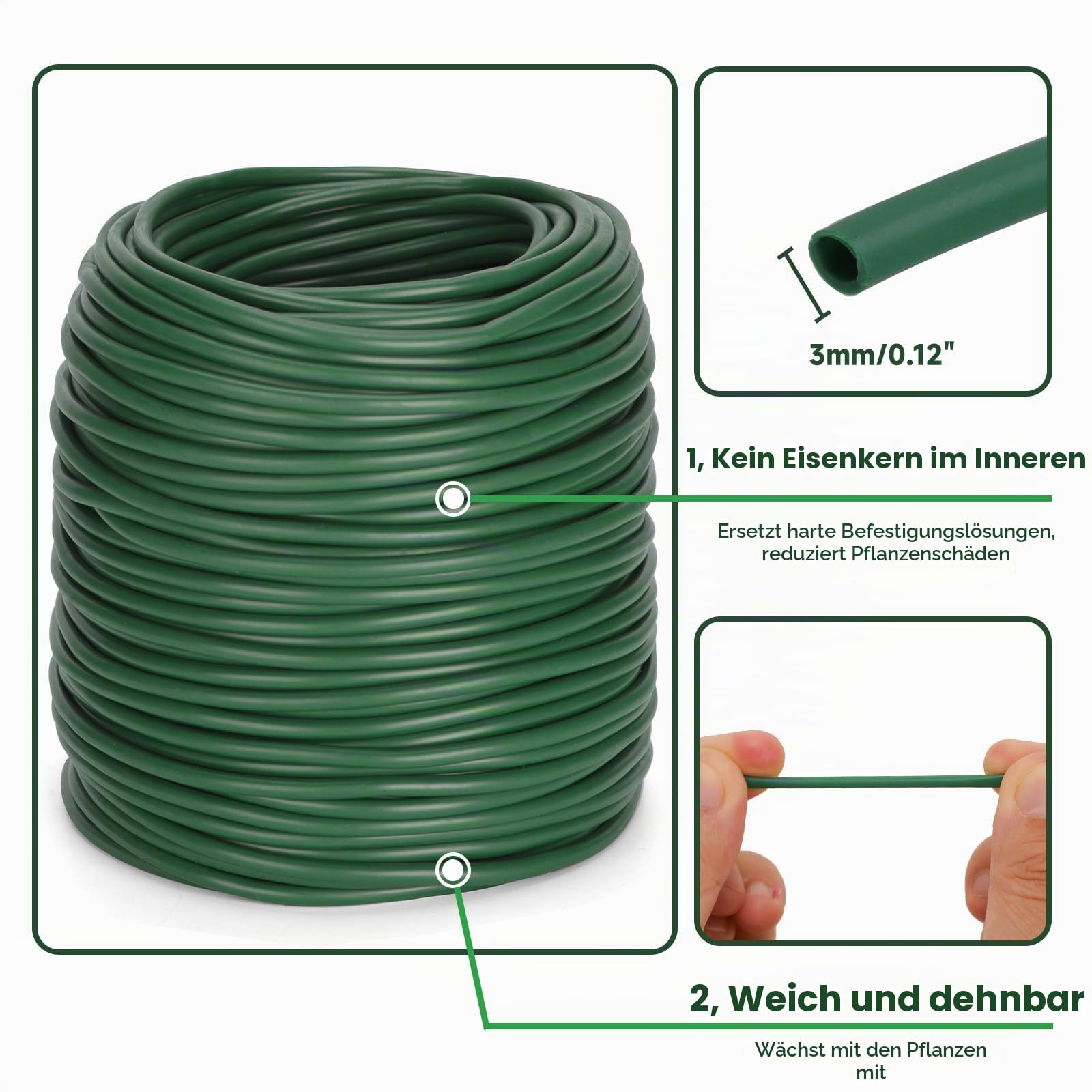 KINGLAKE Hohlschnur, Bindeschlauch 3mm x 50m, Pflanzenschnur Wetterfest Reißfest, Pflanzenbinder Plastik zum Garten Pflanzen Anbinden Tomaten Rose, Grün 2