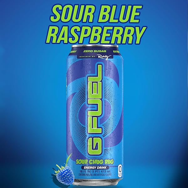 G FUEL ENERGY DRINK, SOUR BLUE RASPBERRY, SUGAR FREE BEVERAGE WITH 300MG CAFFEINE, DAILY ENERGY BOOST WITH FOCUS AMINO, VITAMIN + ANTIOXIDANTS, 16 OZ CANS (CHUG RUG, 12-PACK)