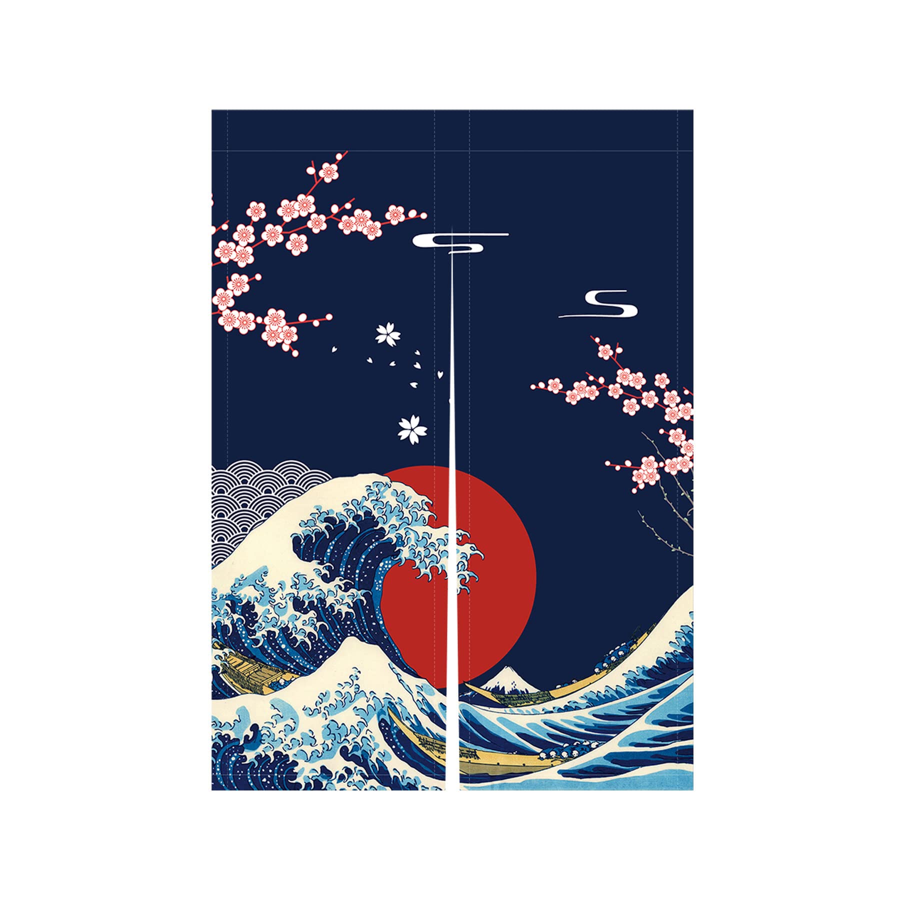 LIGICKY Japanese Noren Doorway Curtain Ukiyoe Hokusai The Great Wave Off Kanagawa Sun Cherry Blossoms Printed Window Treatment Door Tapestry for Home Restaurant Decoration 85 x 120 cm, Blue