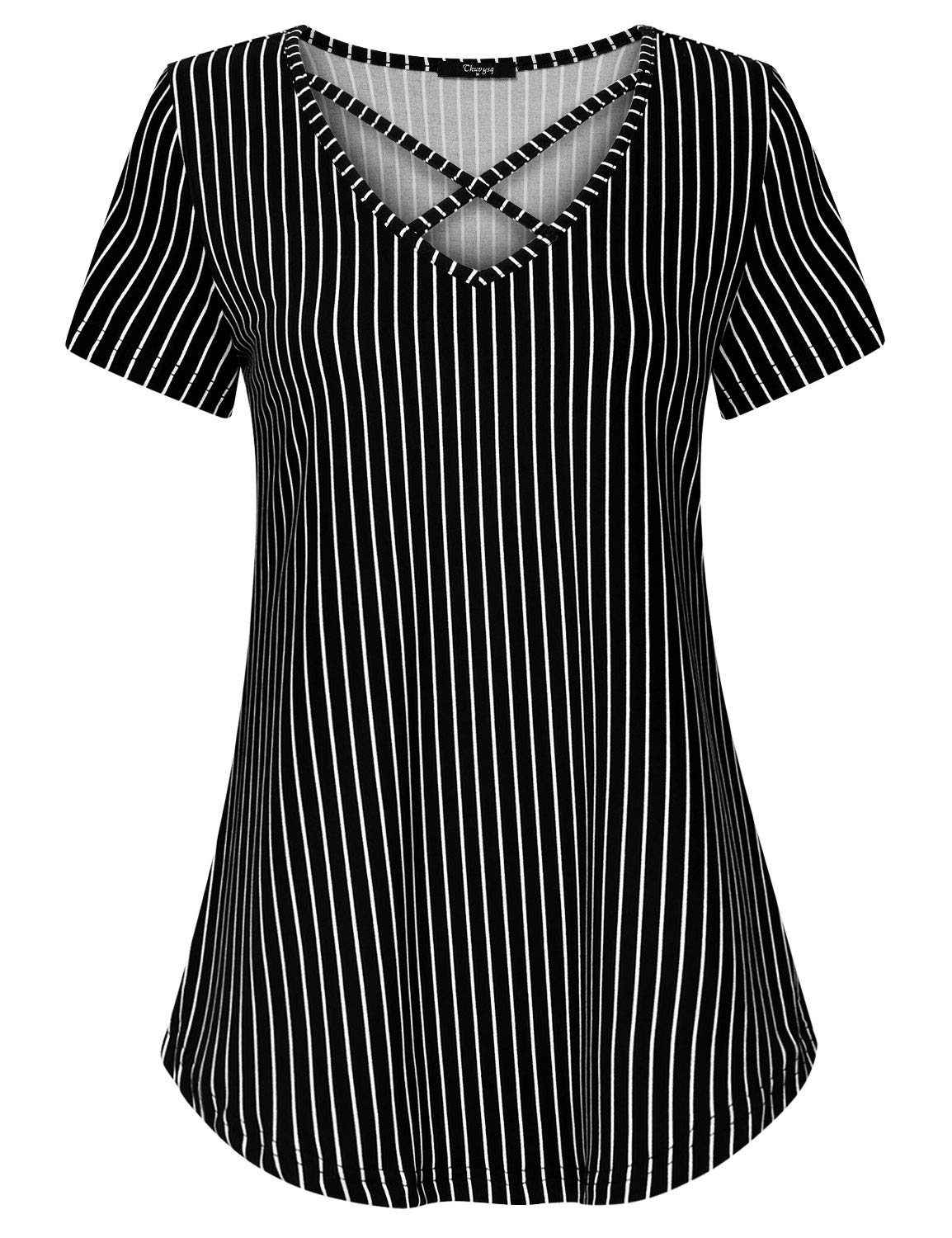 Ckuvysq Basic Tops, Female Vintage Striped Print Shirt Casual Loose Flared Short Sleeve V Neck Blouse Brand Simple Basic Gradient Tunics for Women Black (White Strip) Large